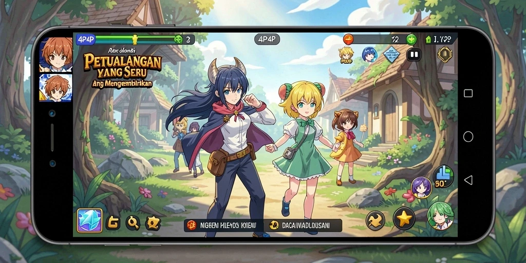 Tampilan gameplay 4P4P dengan karakter Anime yang berwarna-warni.