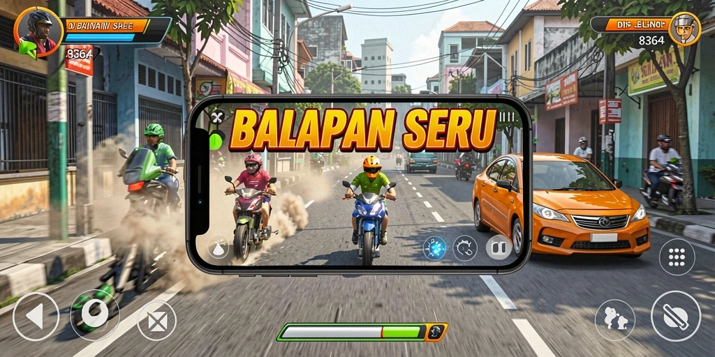 Screenshot gameplay 8364 menunjukkan aksi balapan yang mendebarkan.