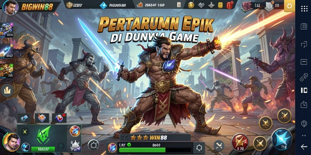 Screenshot utama BIGWIN88 menampilkan aksi pertarungan karakter yang dinamis.