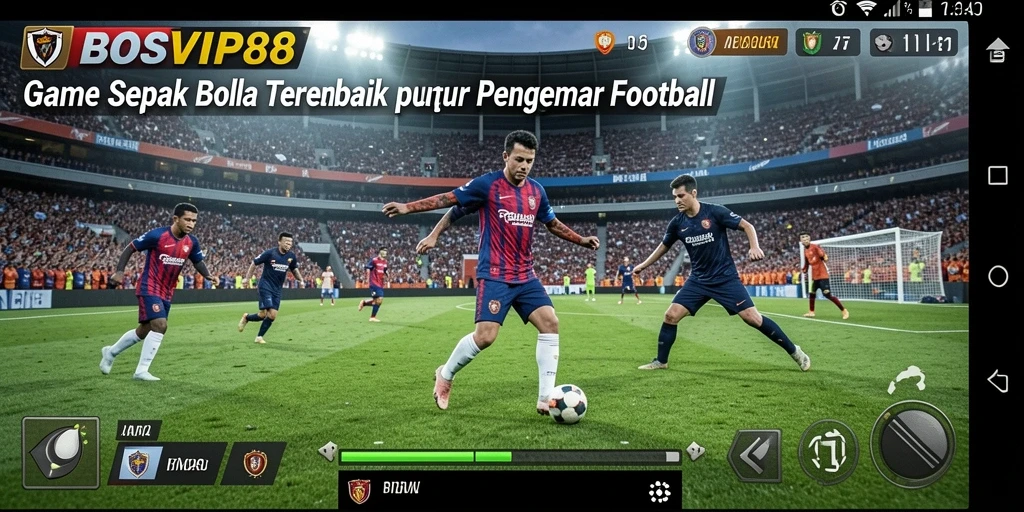 Tampilan gameplay menarik dengan aksi sepak bola intens.