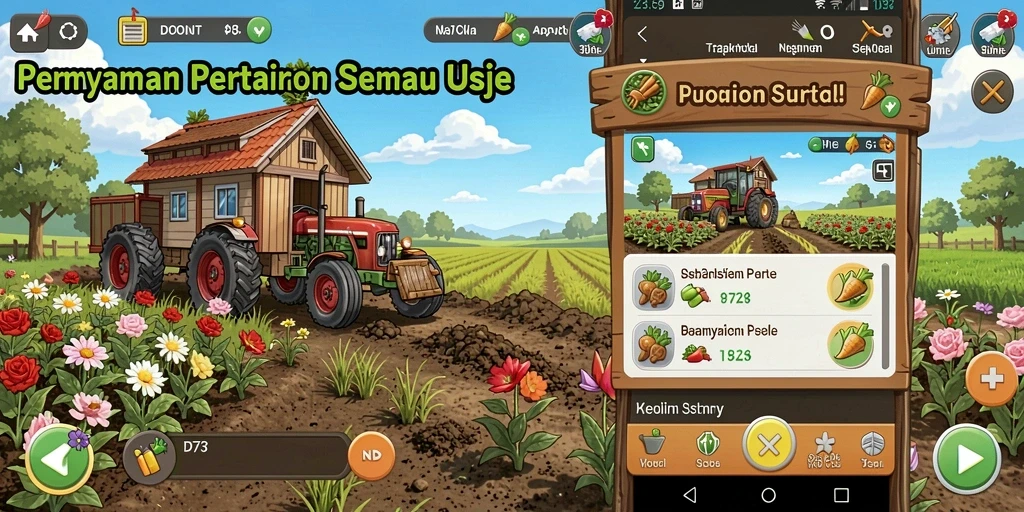 Screenshot dari gameplay D73 menampilkan aktivitas bertani yang menyenangkan.