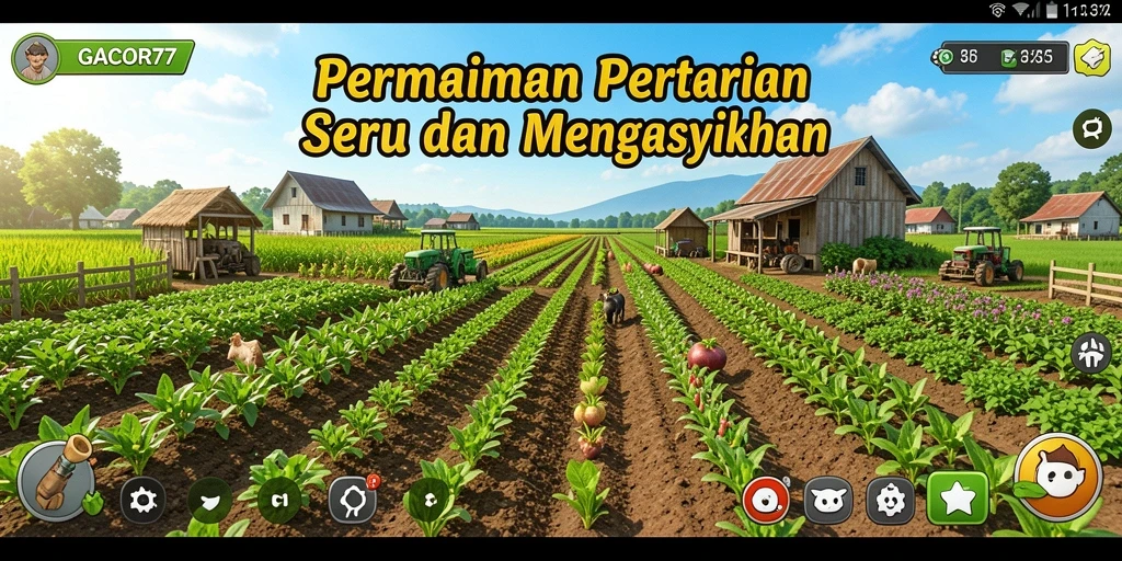 Screenshot gameplay GACOR77 menampilkan pertanian yang subur dan aktivitas bermain.