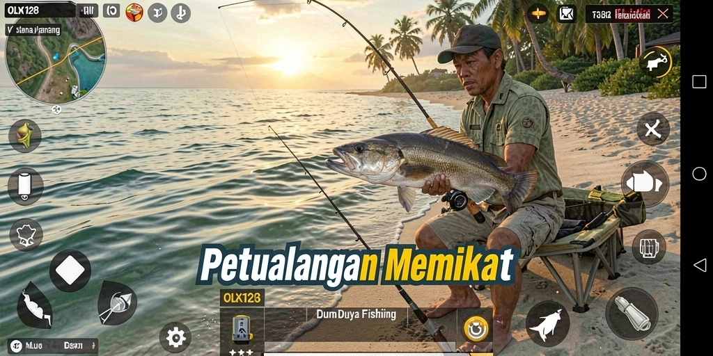 Tampilan menarik dari gameplay OLX128 saat memancing di lokasi indah.