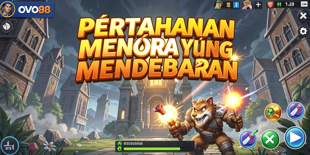 Screenshot OVO88 menampilkan aksi pertahanan menara yang intens.