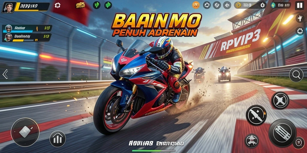 Gameplay seru dengan balapan motor di trek menantang.