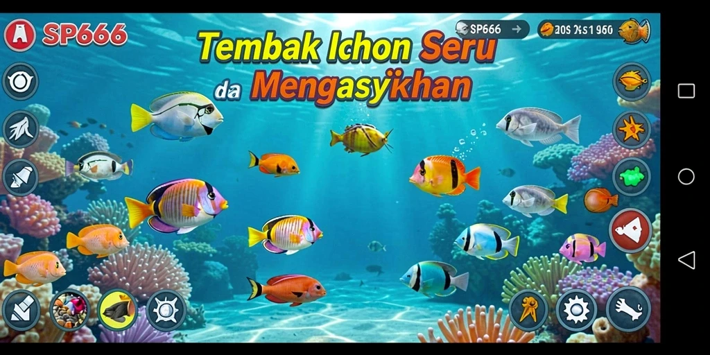 Tampilan gameplay SP666 yang penuh aksi dalam menembak ikan.