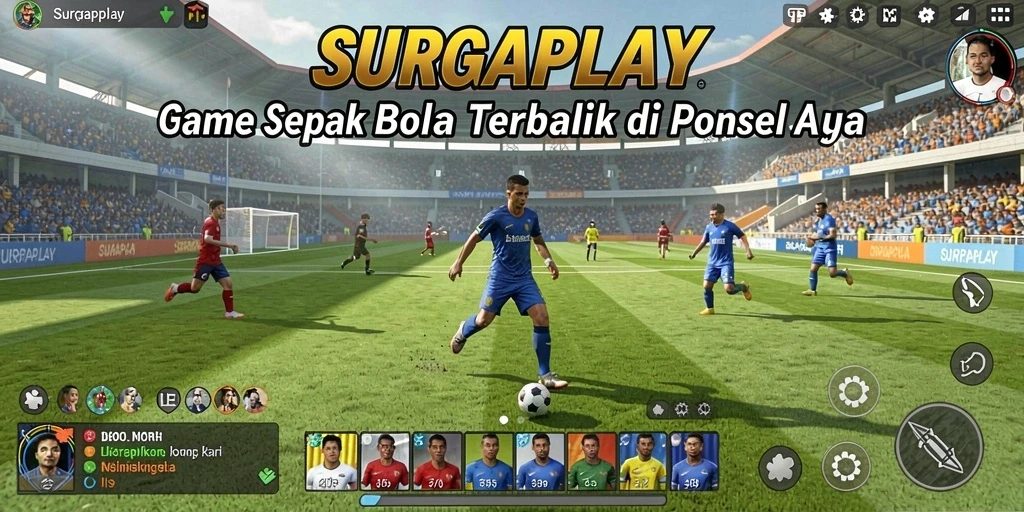 Screenshot gameplay SURGAPLAY yang menunjukkan aksi seru di lapangan sepak bola.